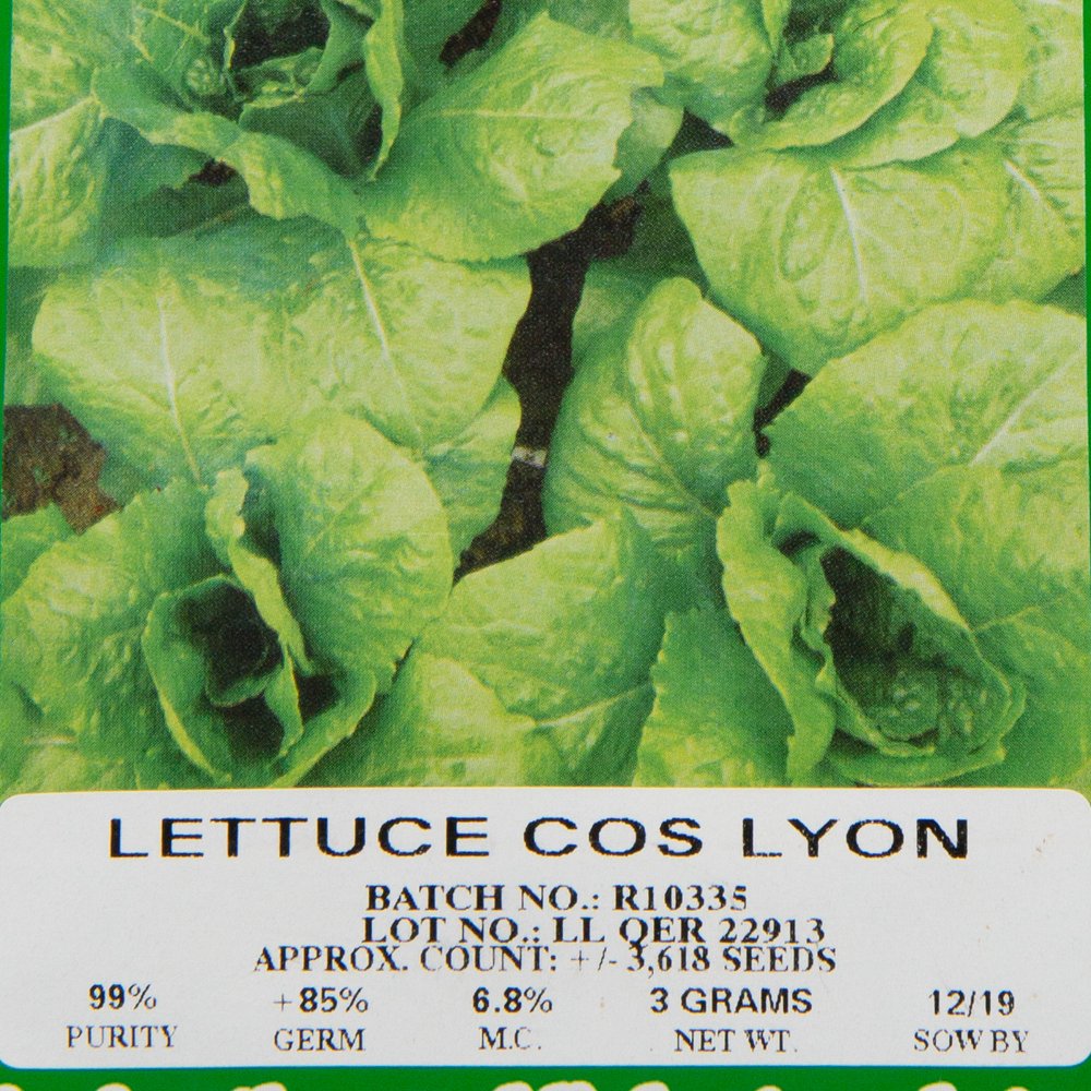 Close up of a seed packet label showing details such as purity,
germination rate, moisture content, net weight and sow by date.