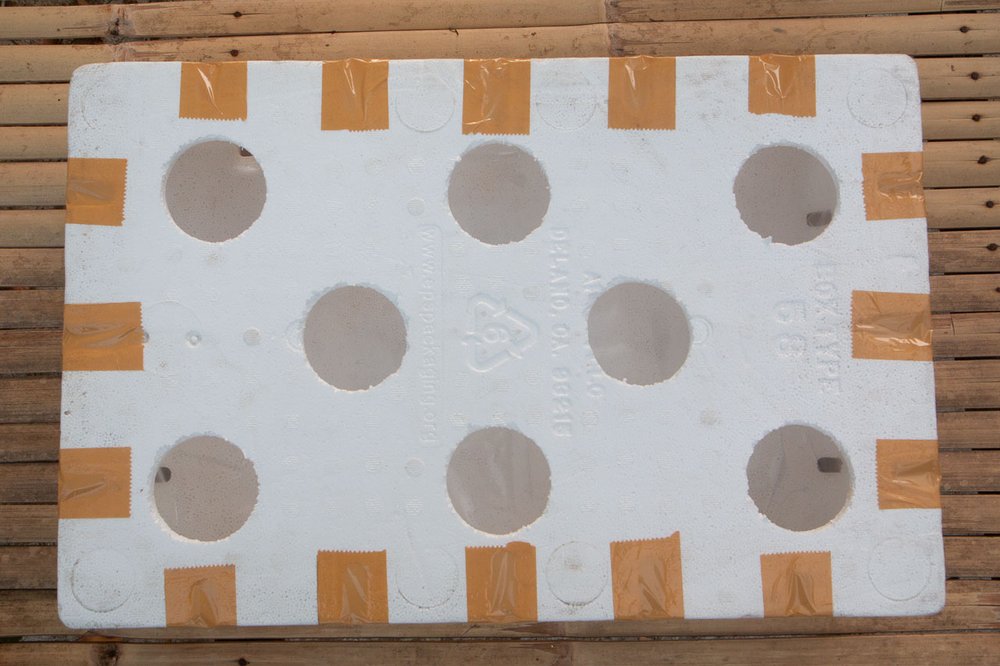 Grow box with upper ventilation holes covered with packing tape.