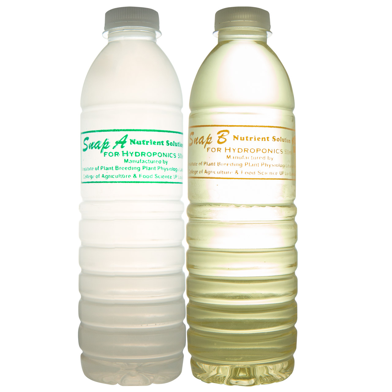 Pair of 500mL PET bottles containing SNAP A and SNAP B.